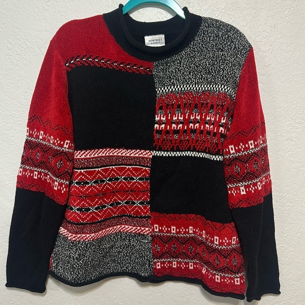 Monterey by Koret Sweater Womens Large Red Black Patchwork Fair Isle‎ Mock Neck